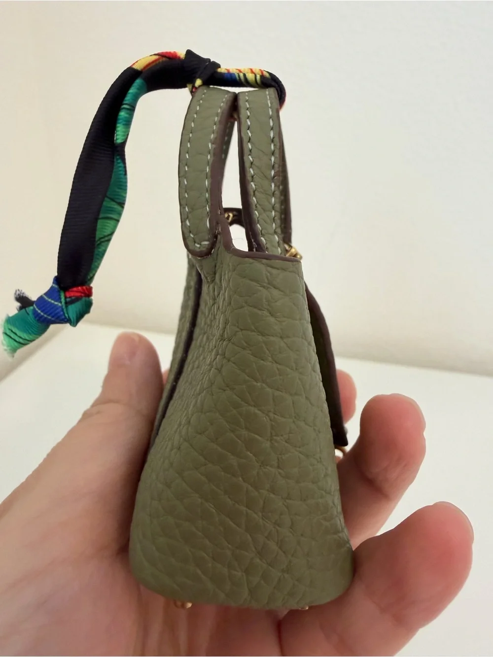 Top Grain Leather Mini Tote Bag Charm Olive Green Mini Purse Charm